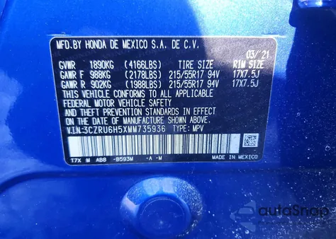 2021 Honda Hr-V Ex из США, поврежденный, VIN 3CZRU6H5XMM735936